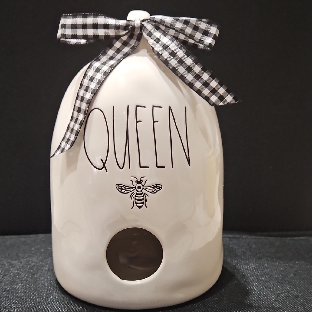 Rae Dunn White 'QUEEN' Ceramic Accent Jar with Black Script and Gingham Bow